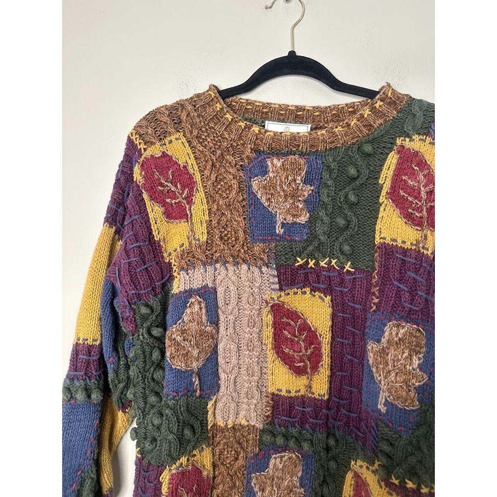 Vintage 90s Express Tricot Hand Knitted Sweater Medium Leaves Patchwork Boho - Picture 2 of 9